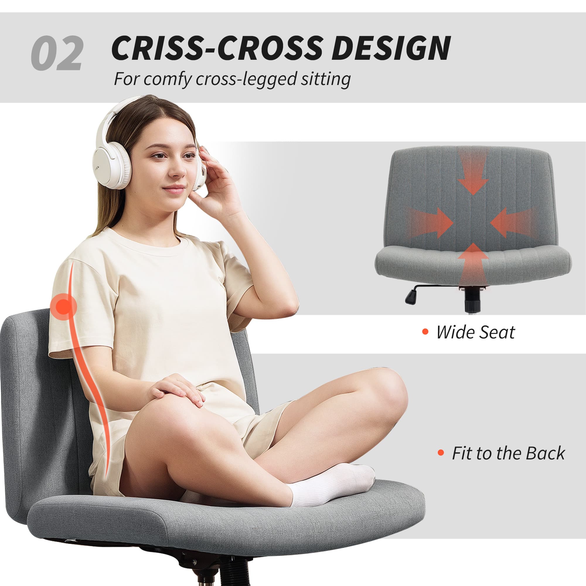 Armless Office Chair with Wide Seat and No Wheels, Grey - image 4