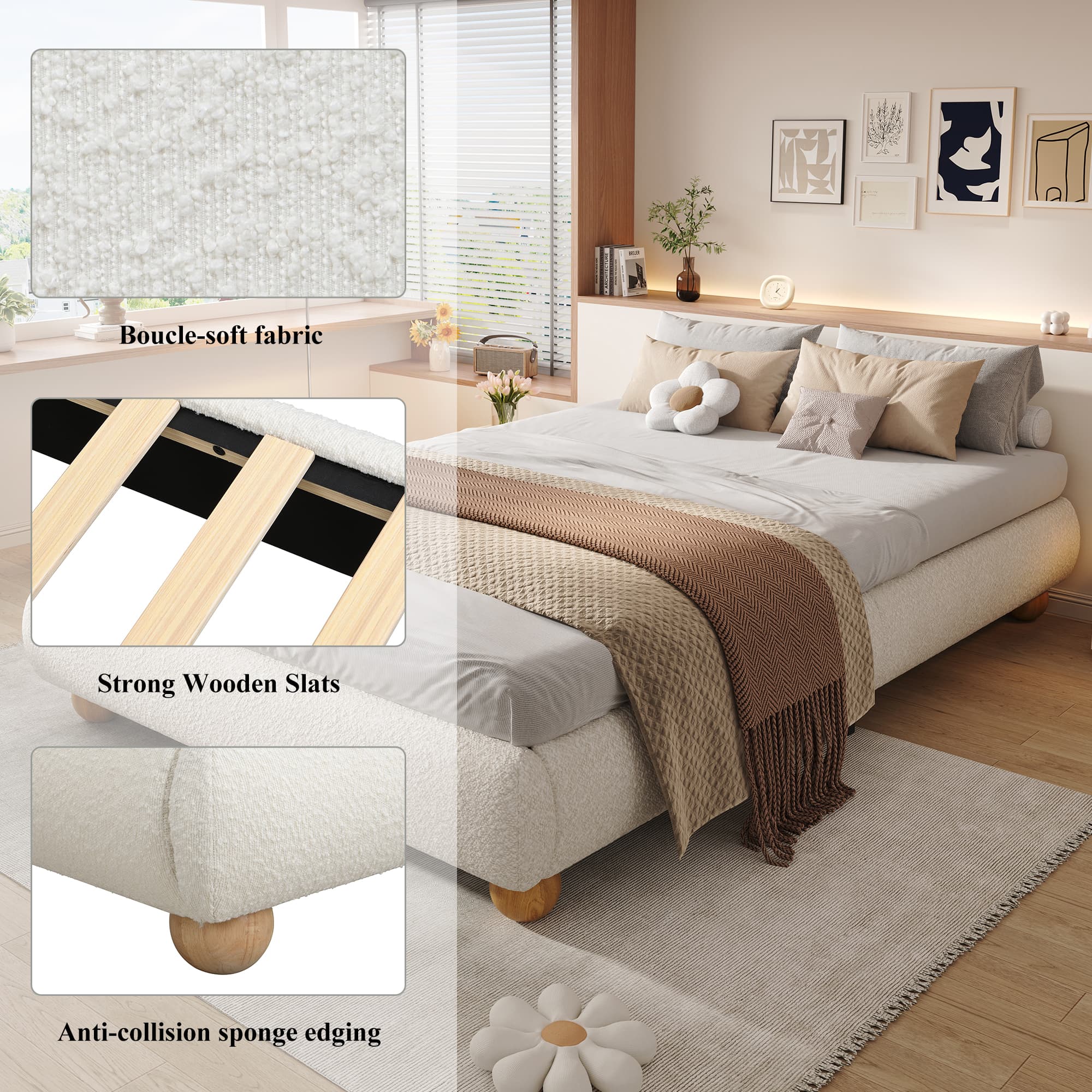 Beige Boucle Double Bed - image 4