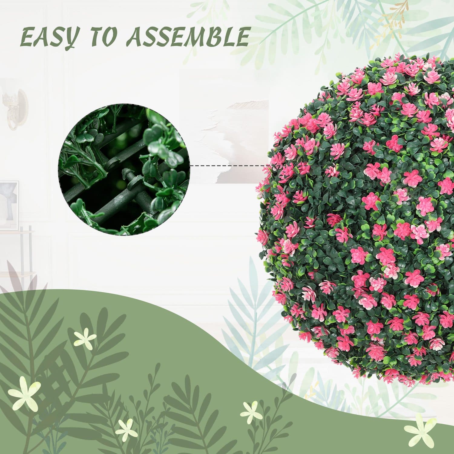 Artificial Boxwood Topiary Balls with Pink Flowers, Set of 2 - image 5
