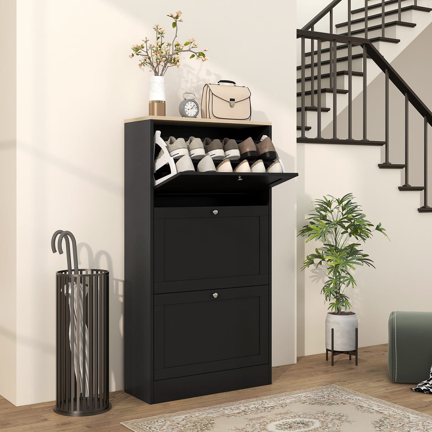 Slim Flip-Front Shoe Cabinet in Black, Holds 12–18 Pairs - image 1
