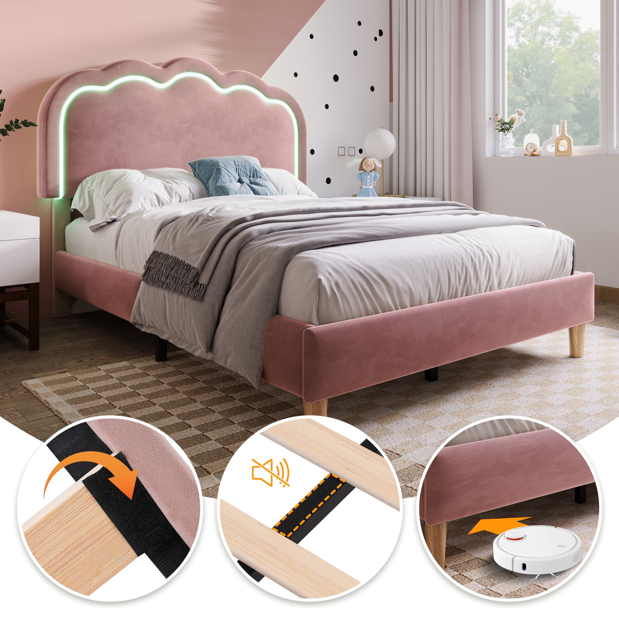 Pink Velvet Bed & LED Headboard - image 3