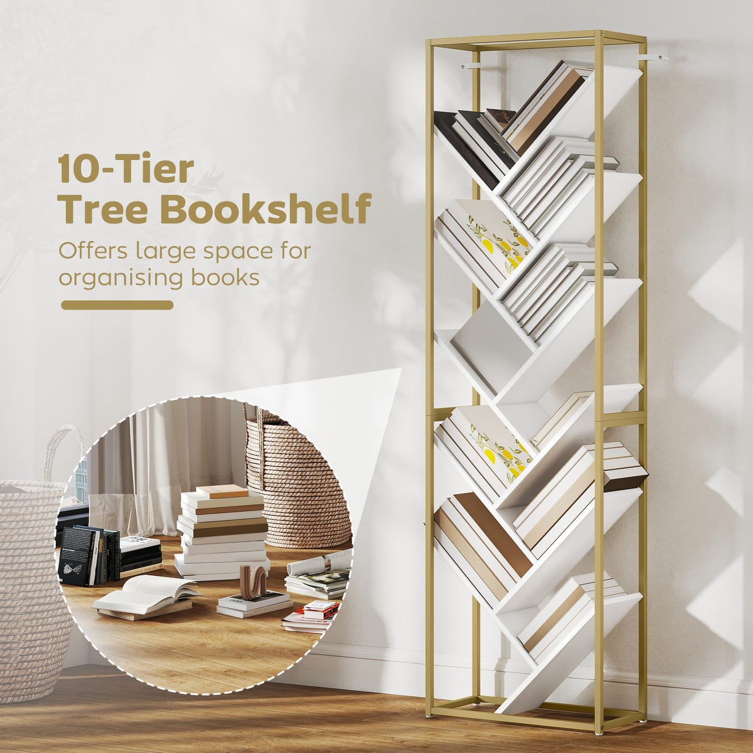 Space-Saving 10-Tier Tree Bookshelf in White and Gold - image 4