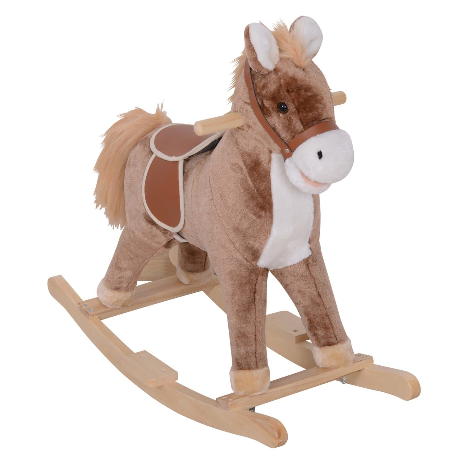 Plush Rocking Horse for Kids — Brown and White with Wooden Base - Brown White