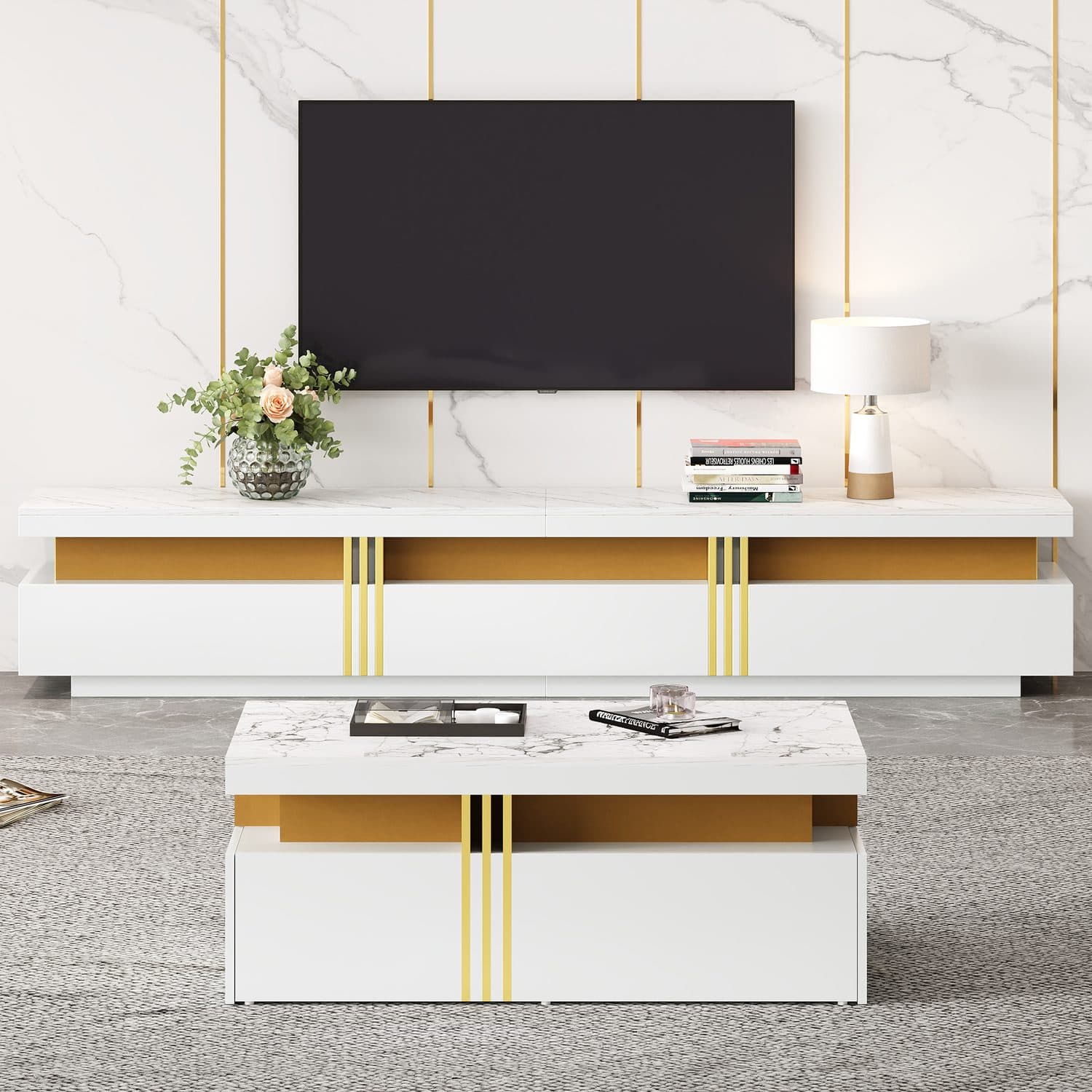 White & Gold TV Unit and Coffee Table Set with Storage Drawers - White