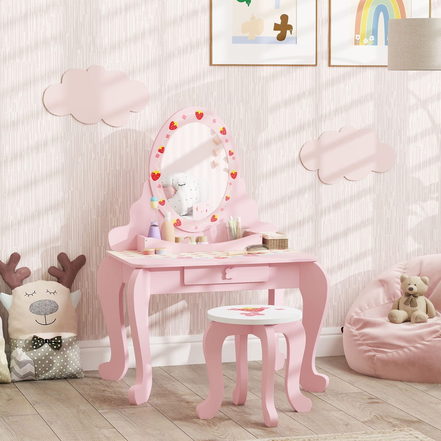 Pink Kids Vanity Set with Strawberry Mirror and Matching Stool - image 5