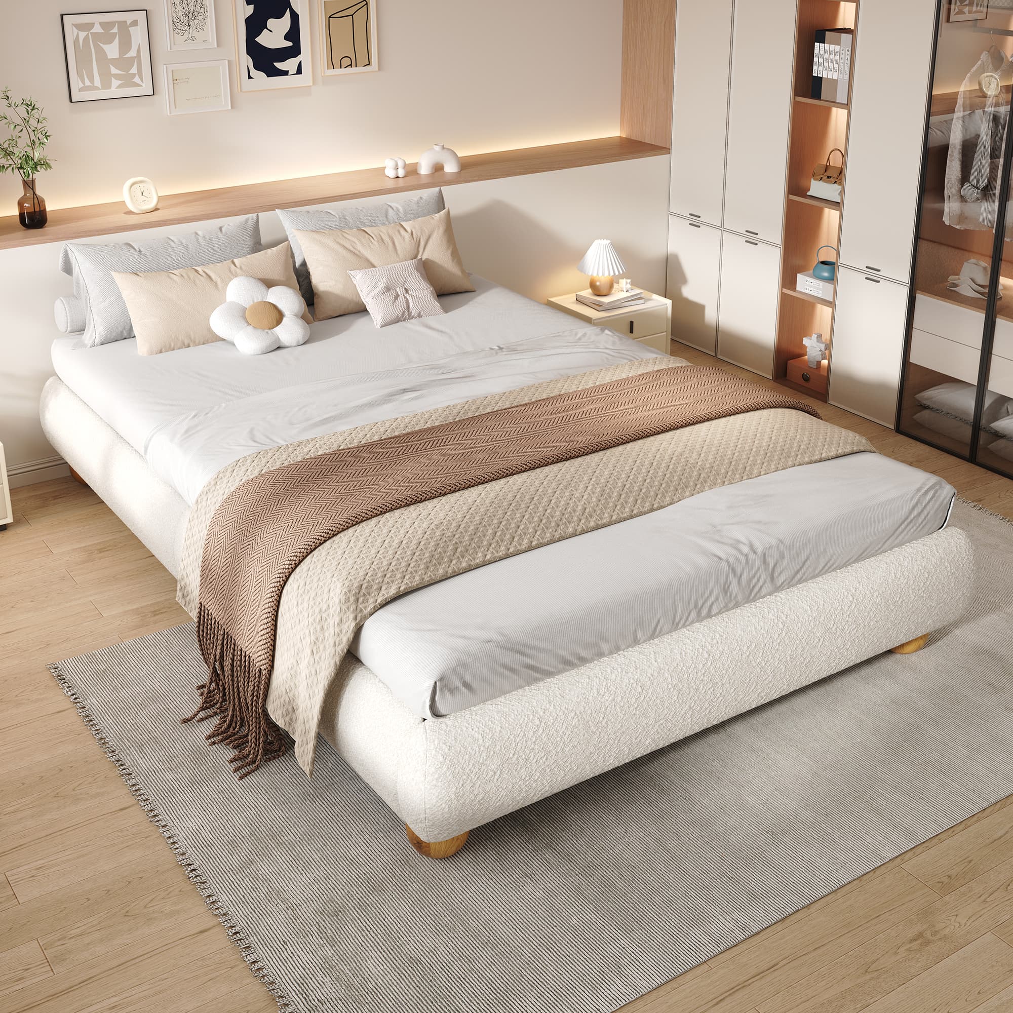 Beige Boucle Double Bed - image 2