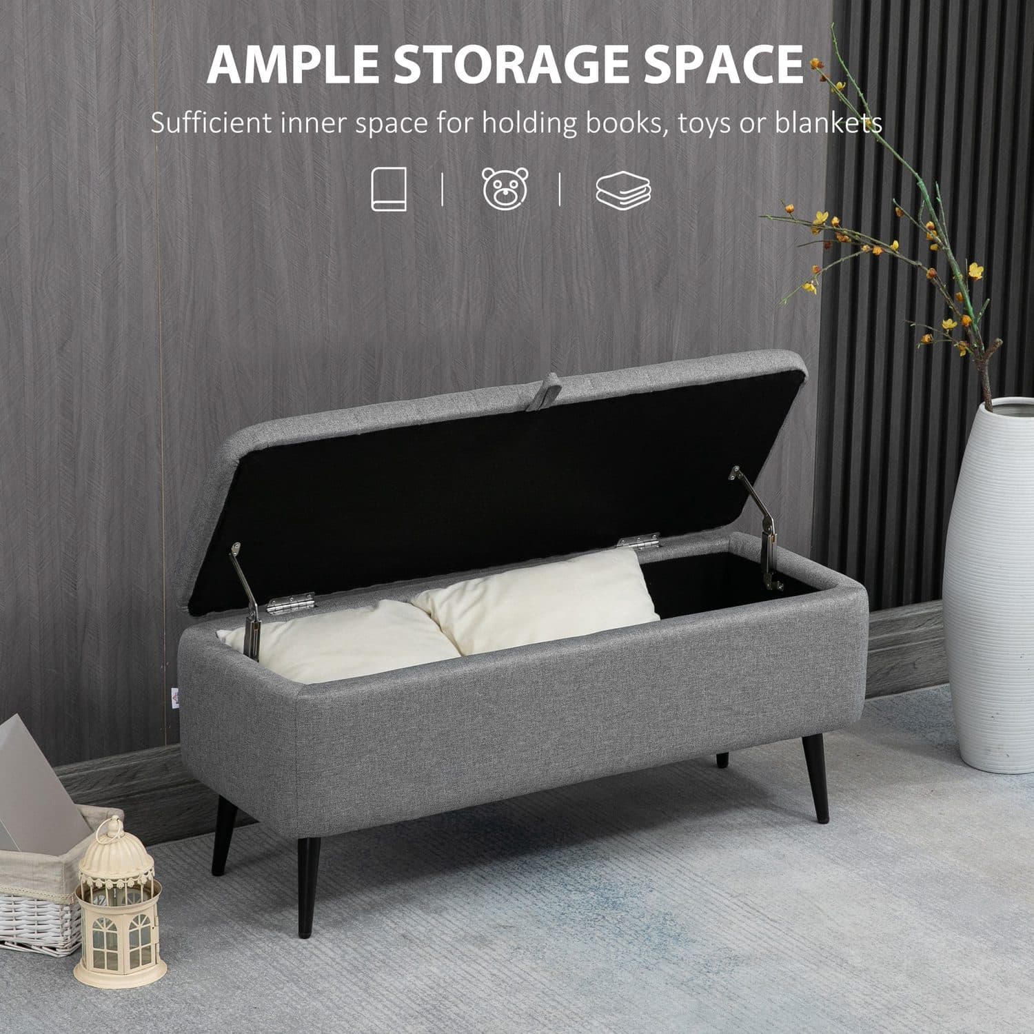 Grey Linen Storage Ottoman - image 5