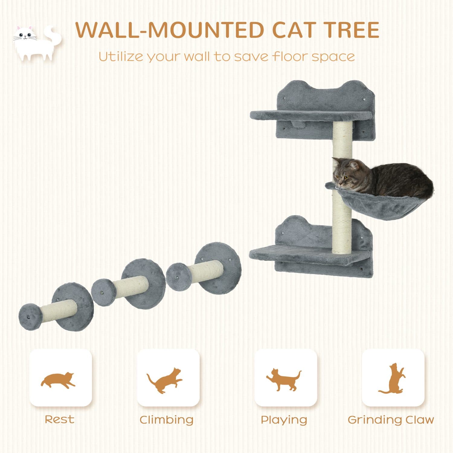 Grey Wall Mounted Cat Shelf and Scratching Set - image 5