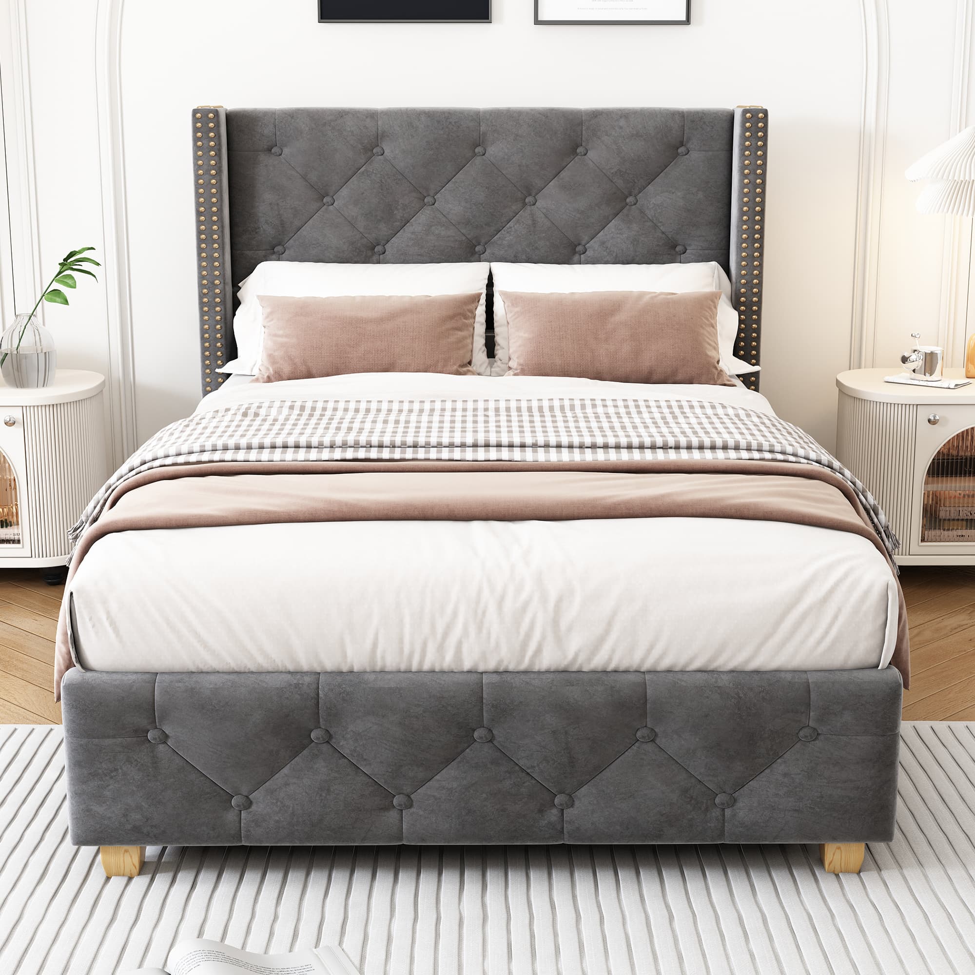 Velvet Single Bed with Button & Rivet Detailing - image 1
