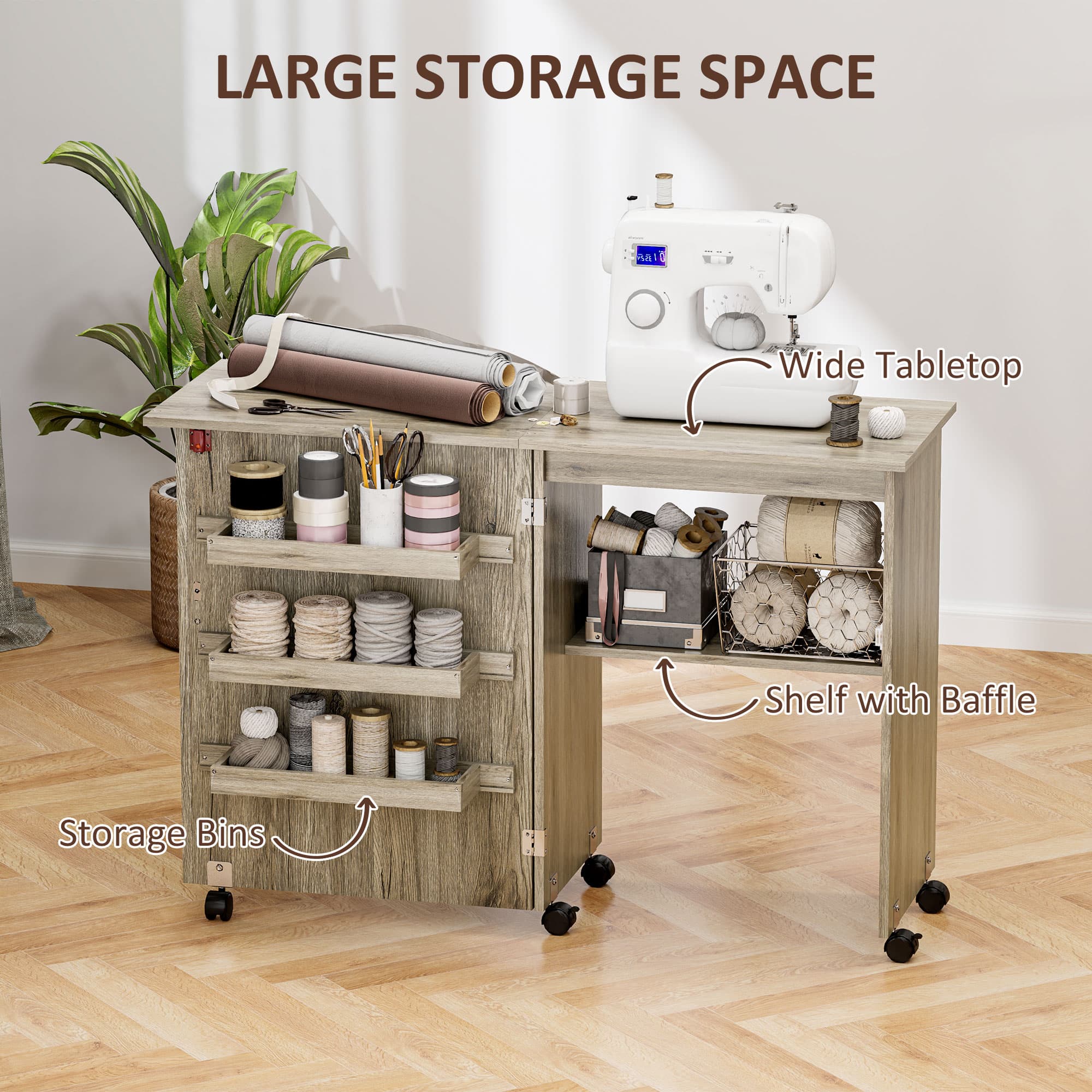 Folding Sewing Table with Storage Trays and Castors — Grey - image 2