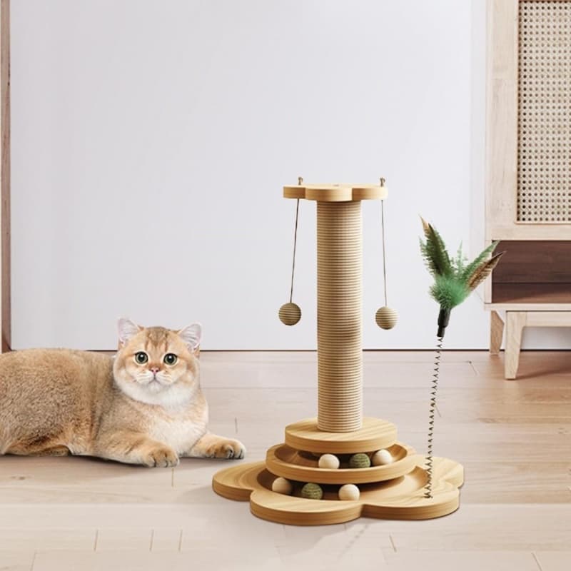 Solid Wood Cat Turntable with Scratching Post and Ball - image 3