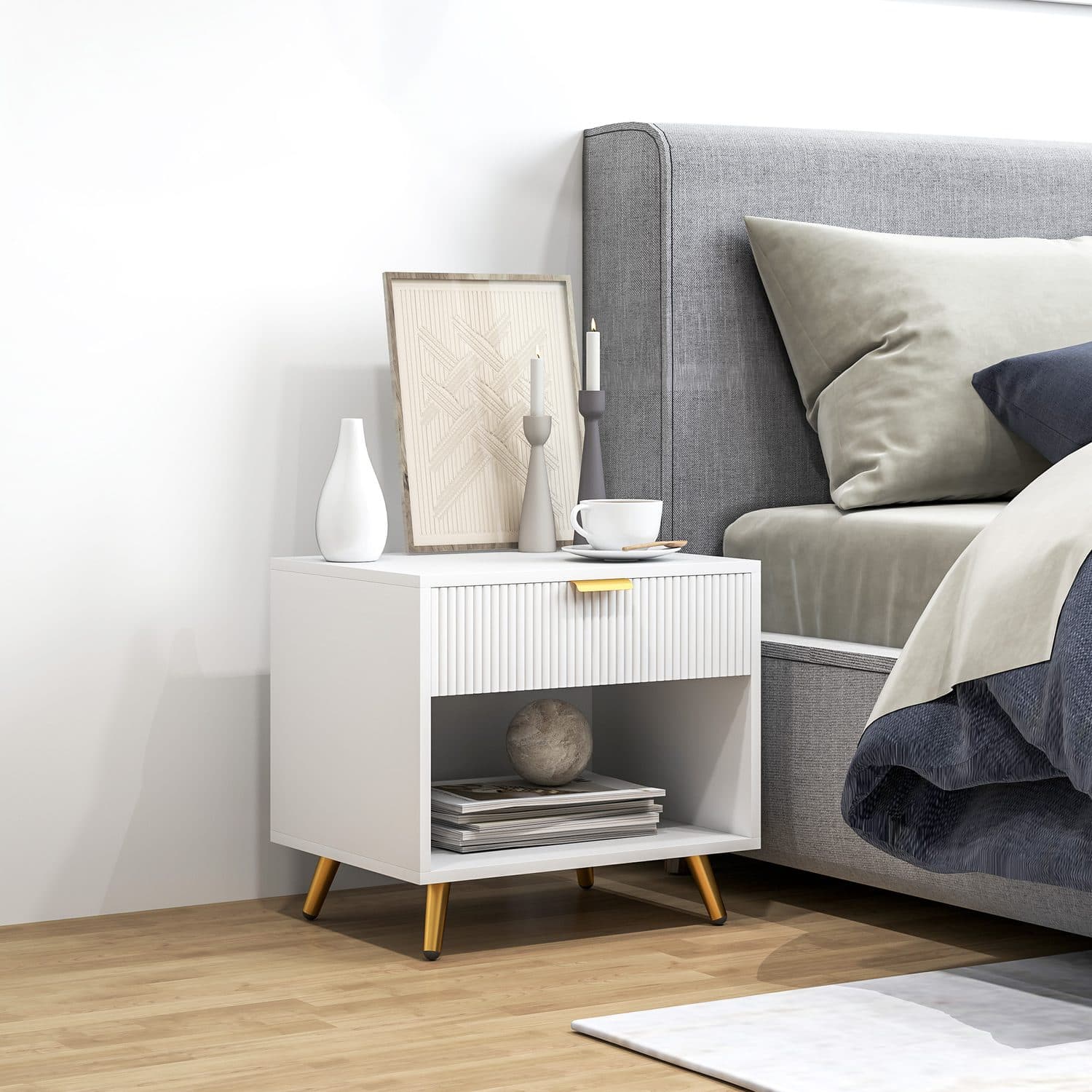White Bedside Table with Drawer and Gold Tone Legs - image 1