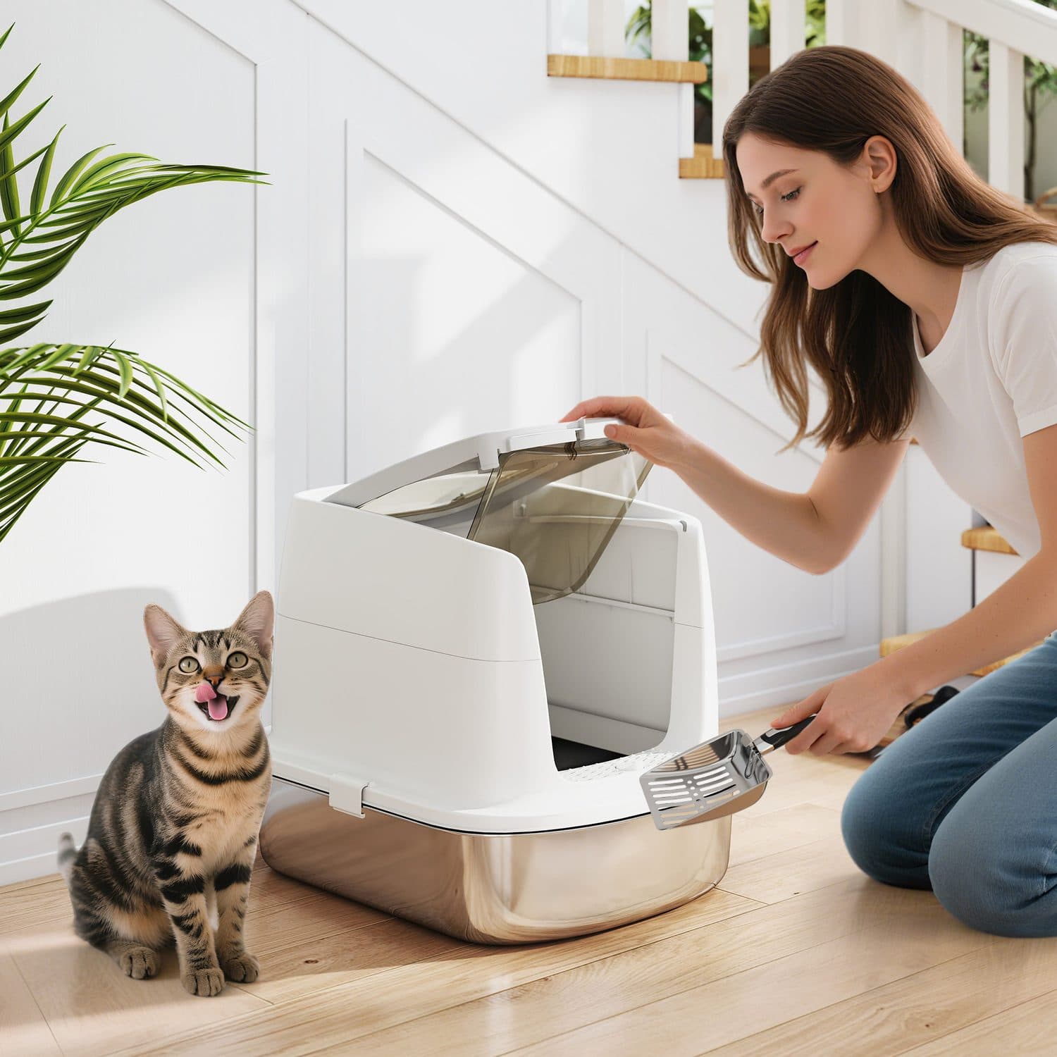 PawHut Stainless Steel Litter Box, Front-Entry & Top-Exit - image 1