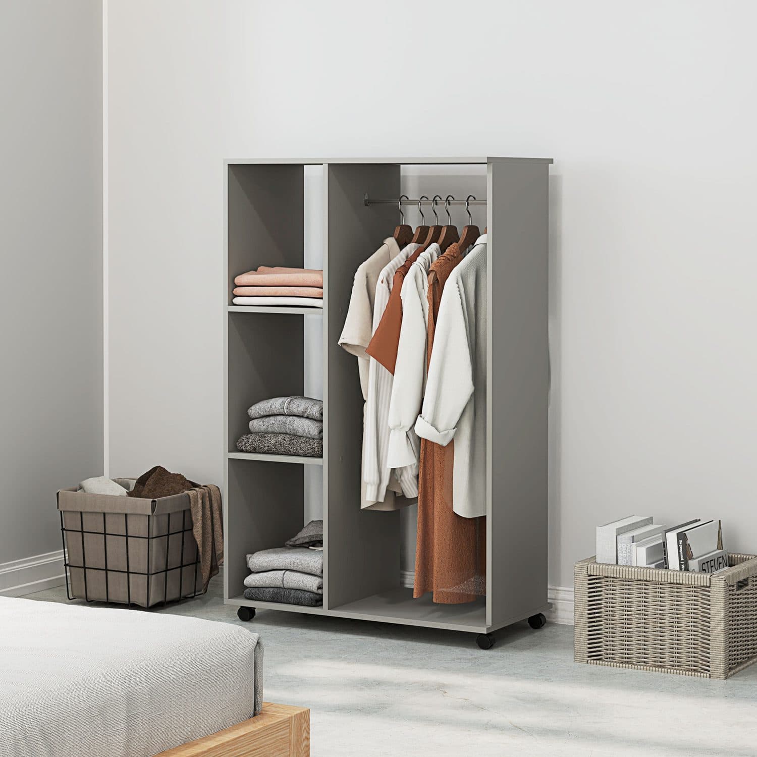 Mobile Open Wardrobe with Rail and 3 Shelves — Grey - image 1