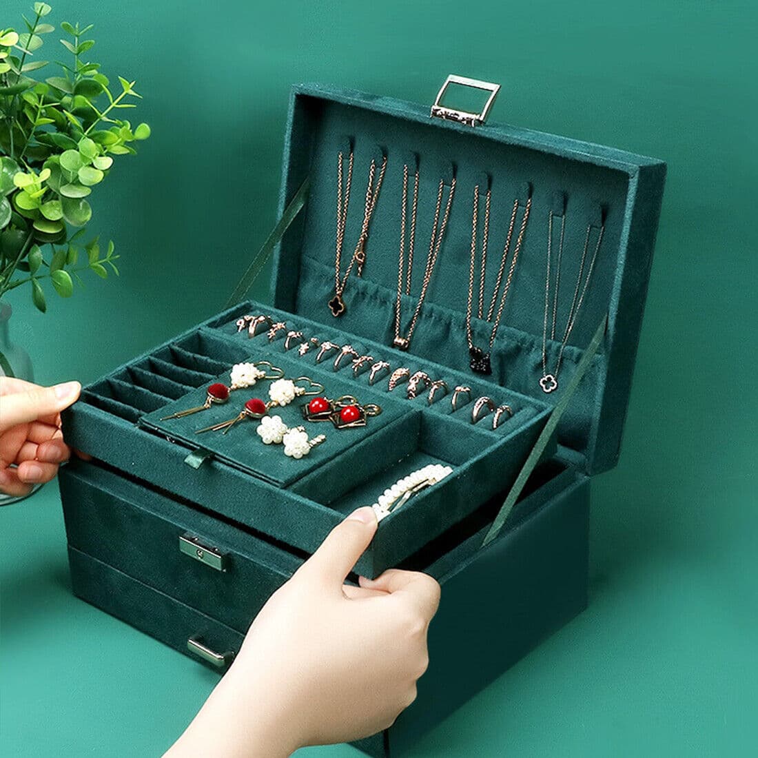 Large Green Velvet Jewellery Box With Necklace Hooks - image 2