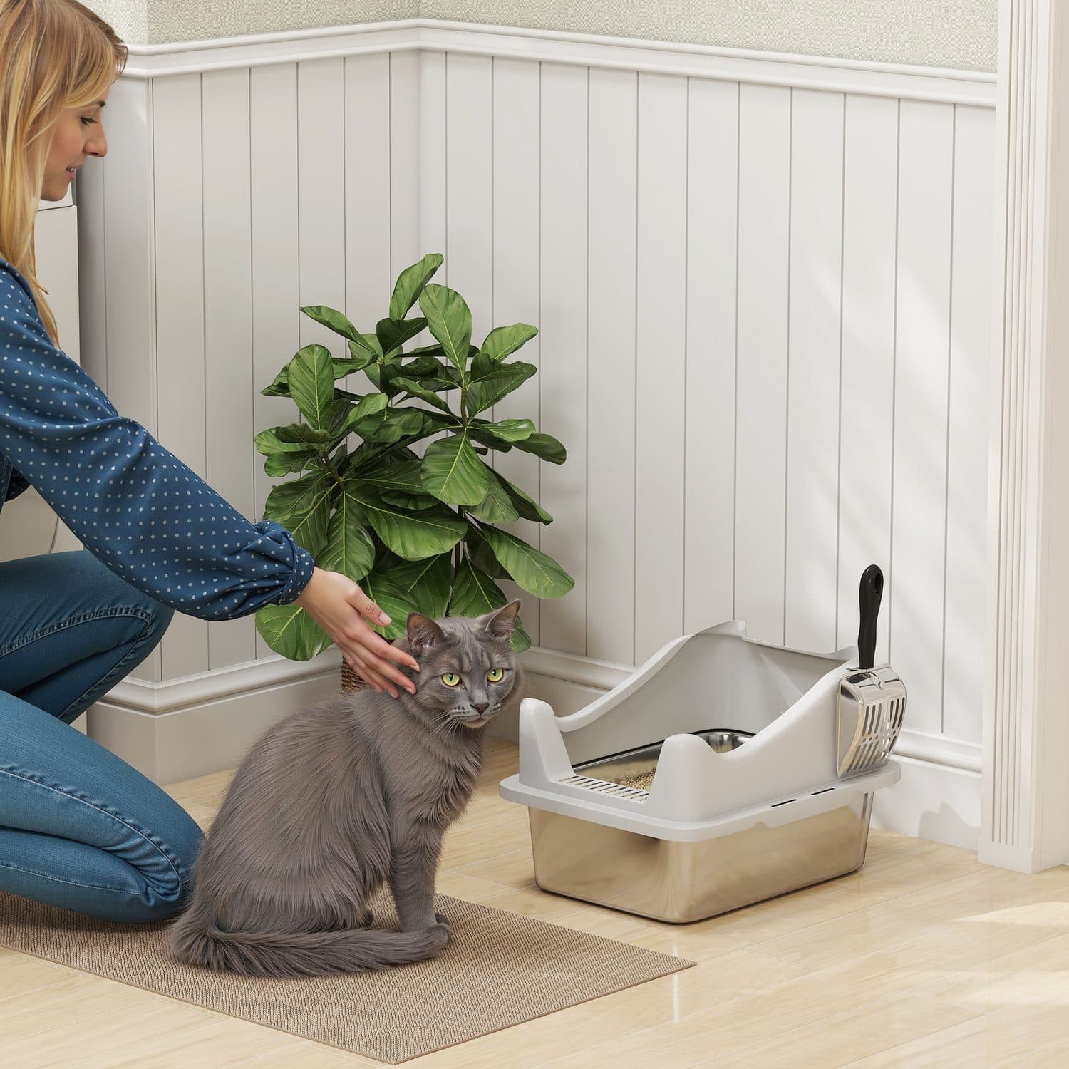 Open Cat Litter Box with Stainless Steel Base and Scoop Holder - image 1