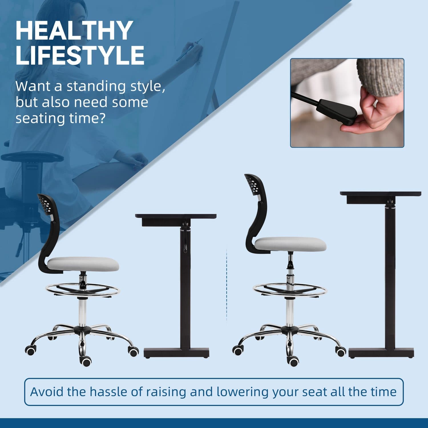Ergonomic Light Grey Draughtsman Chair for Tall Desks - image 3
