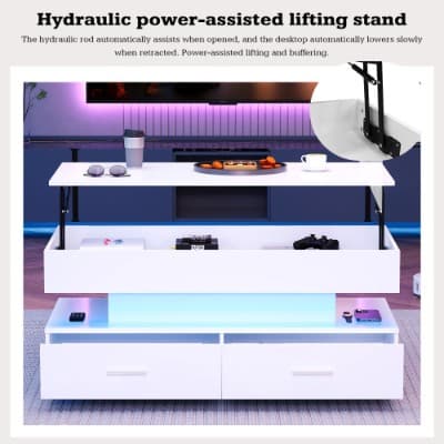 White Lift-Top Coffee Table with LED Lighting and 2 Drawers - image 1