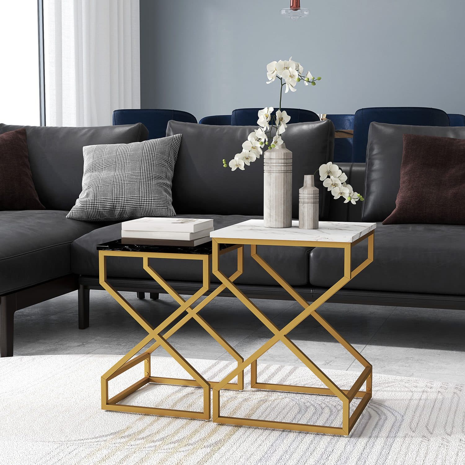Marble-Effect Nesting Tables with Gold Frames - image 1