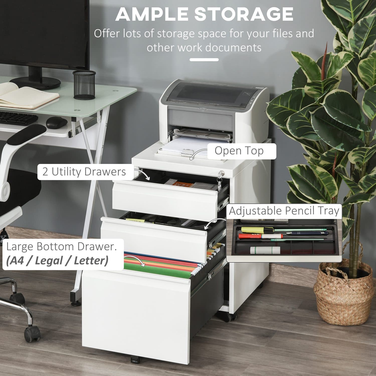 Secure 3-Drawer Metal Mobile Filing Cabinet in White - image 1