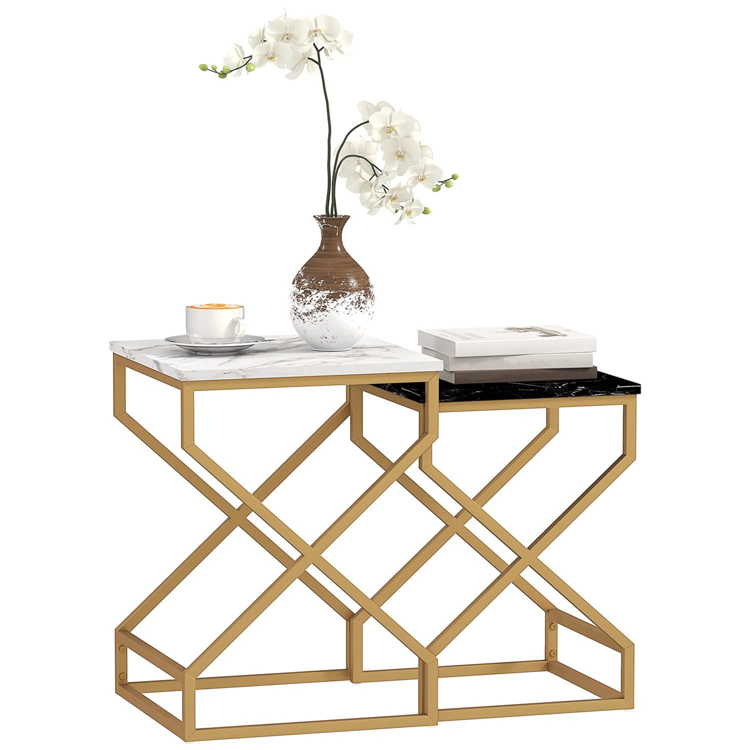 Marble-Effect Nesting Tables with Gold Frames - Black White