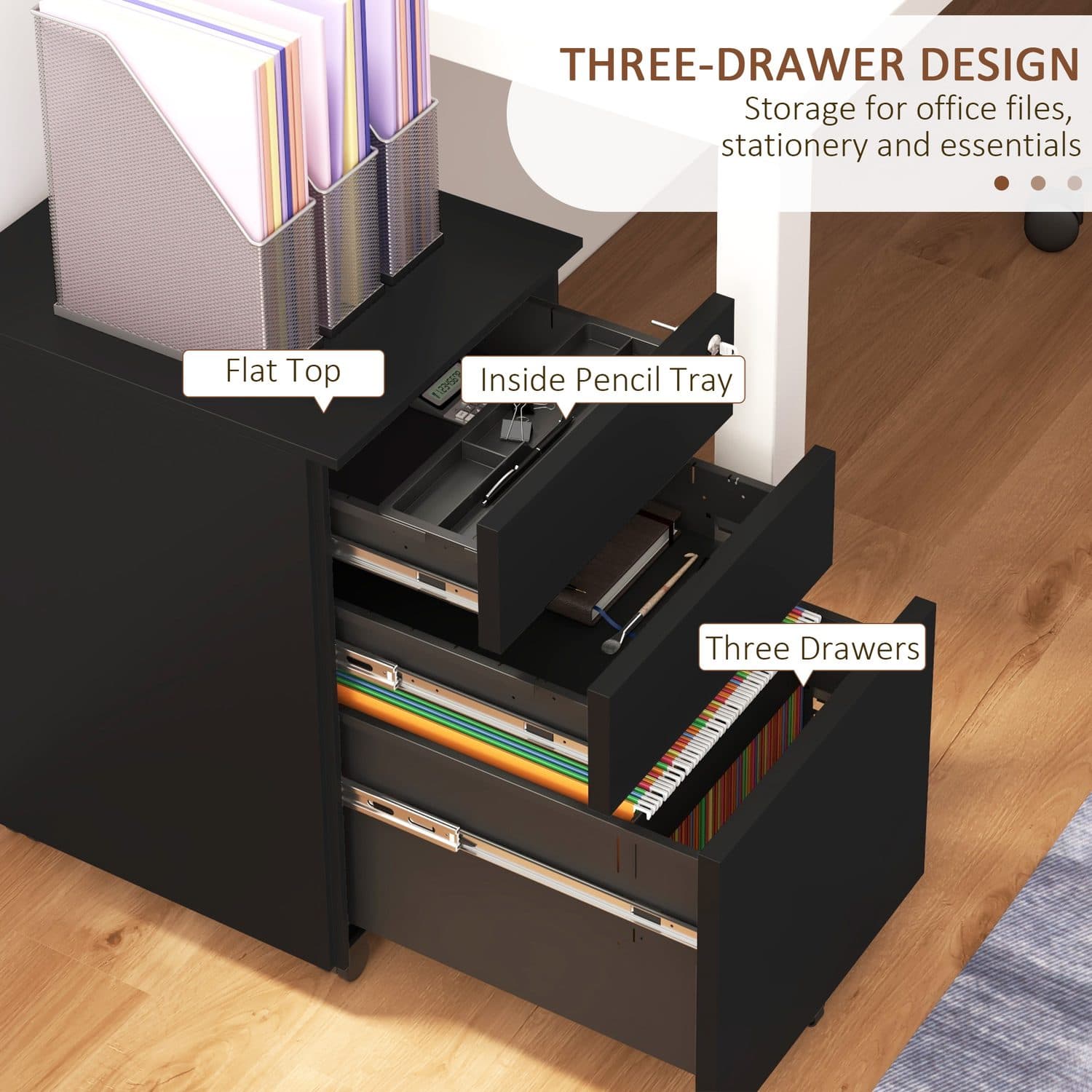 Mobile Steel Filing Cabinet — 3 Drawers, Lock, 5 Wheels - image 2