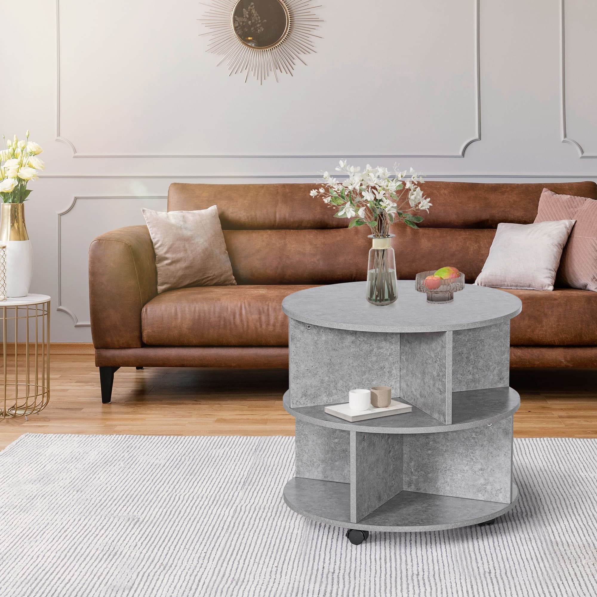 Round Side Table with Wheels and Divided Lower Shelf — Cement - image 4