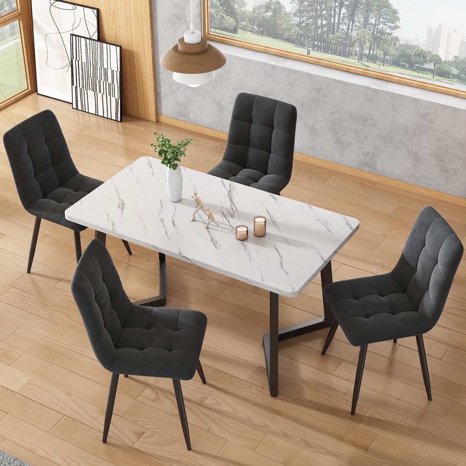 Modern 117cm Dining Table Set with 4 Dark Grey Velvet Chairs - image 5