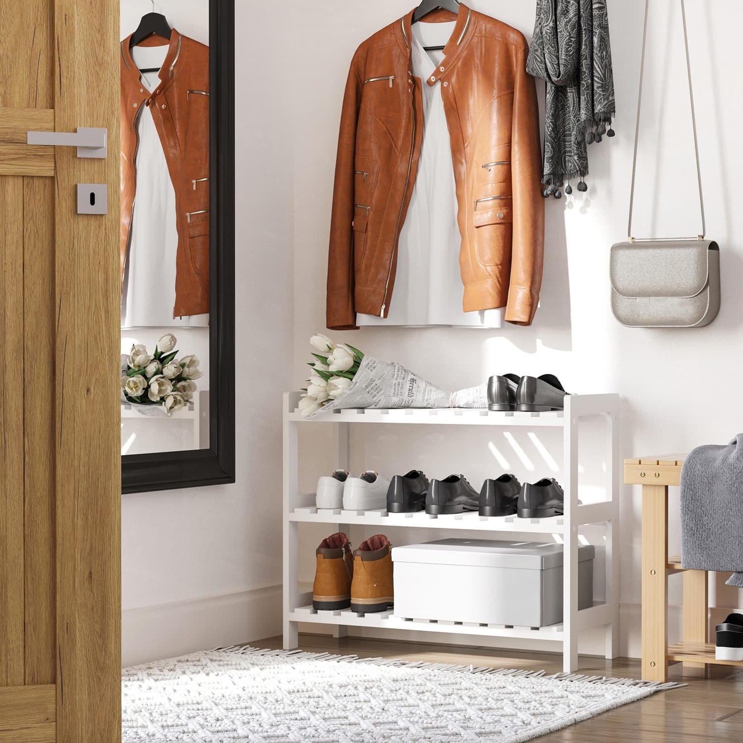 White Open Shoe Rack with Three Slatted Shelves - image 2