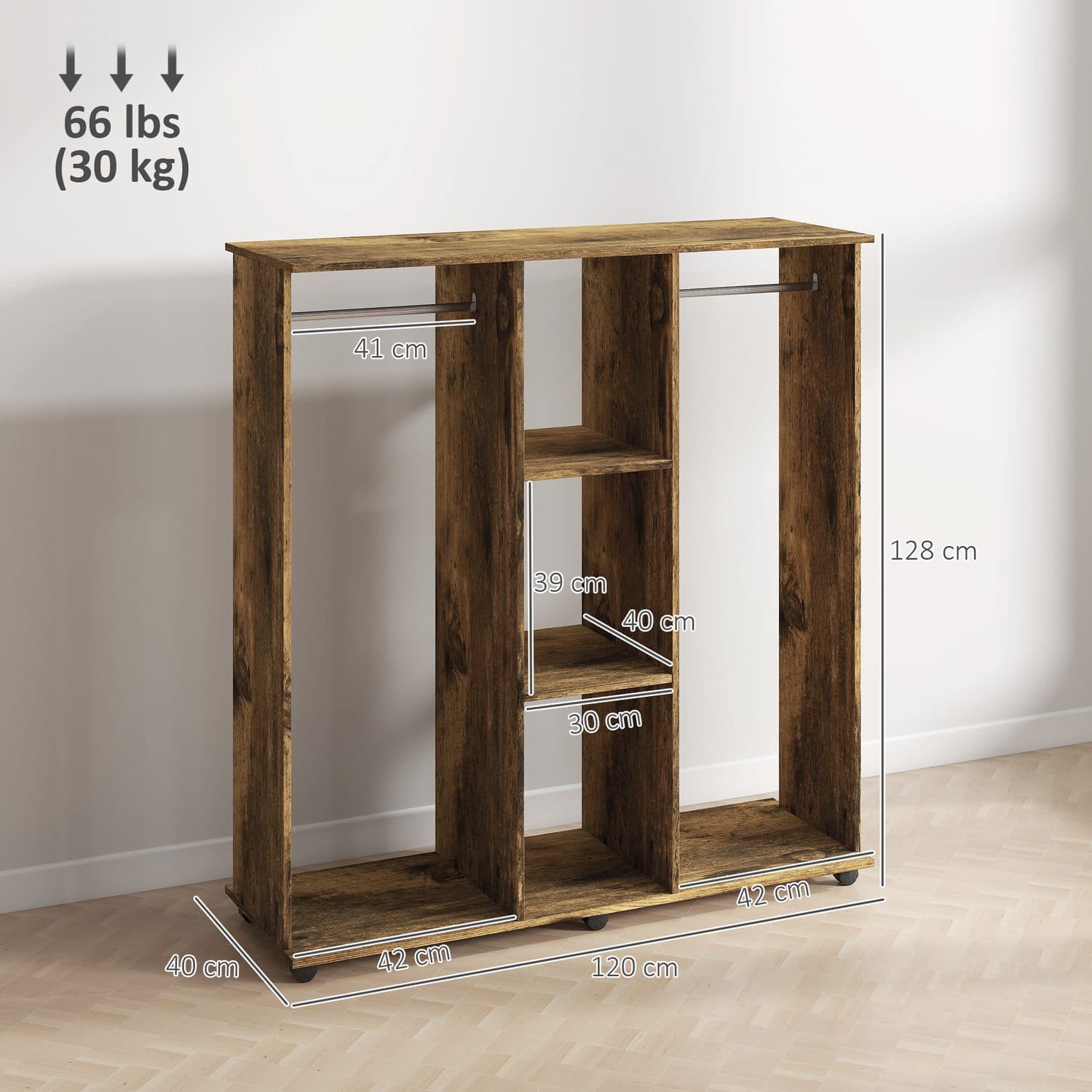 Two-Rail Open Wardrobe with Shelves on Castors, Rustic Brown - image 2