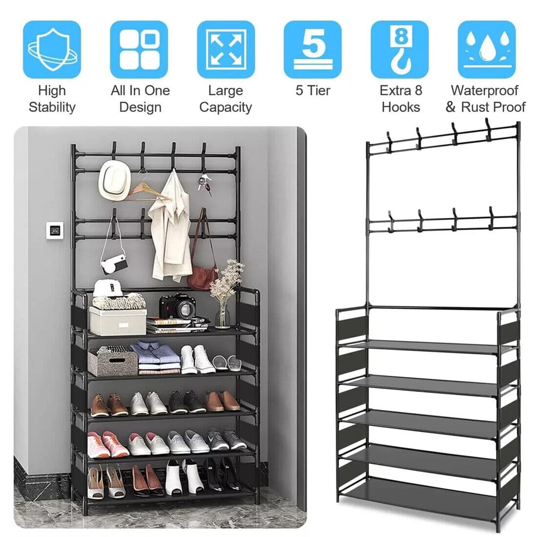 Metal Coat Stand with Shoe Rack — Multi-Hook Hallway Organiser - image 6