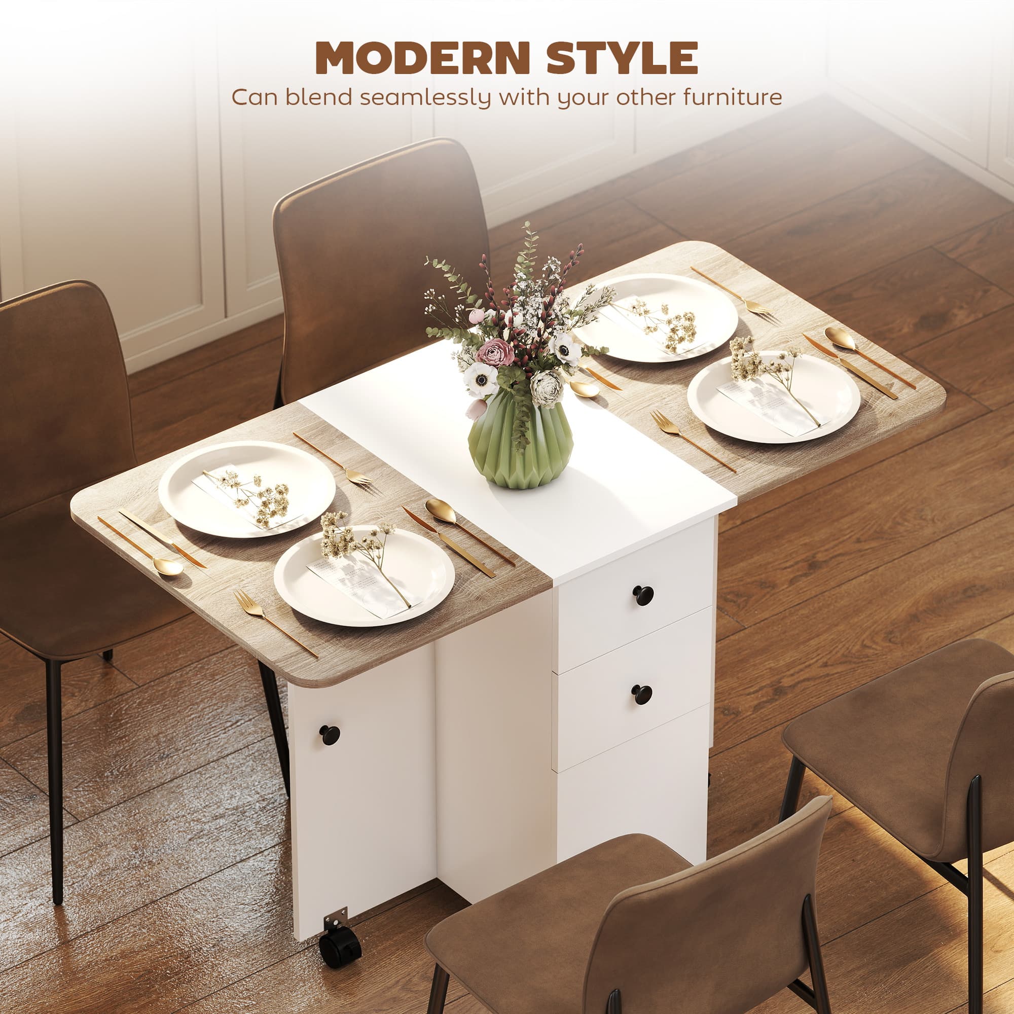 Oak and White Drop Leaf Dining Table with Storage - image 5