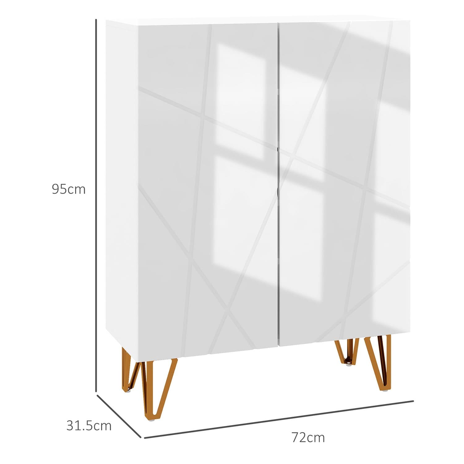 White Shoe Storage Cabinet with Geometric Doors and Gold Hairpin Legs - image 5